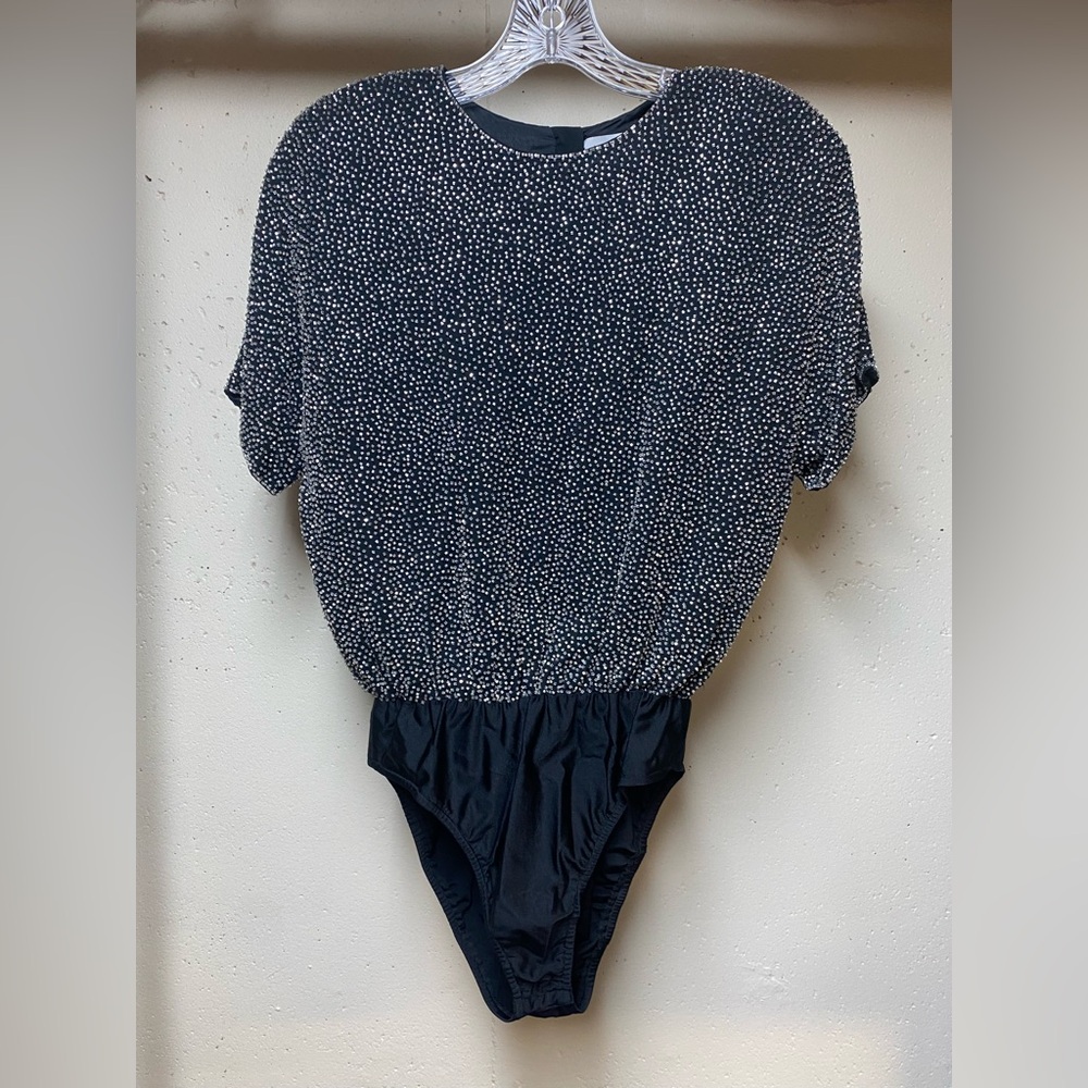 Vtg Oleg Cassini Black Tie 100% Silk Black Beaded Women’s Bodysuit Ladies Size S